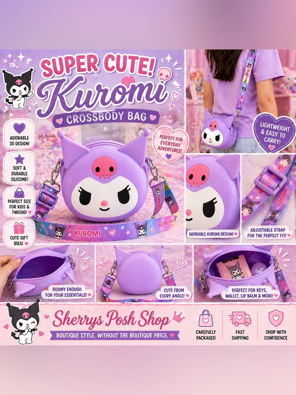 Kuromi Crossbody Bag Purple Silicone Purse Kids Kawaii Adjustable Strap NWT